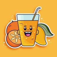 klistermärke stil orange med mango och juice glas tecknad serie på krom gul bakgrund. vektor