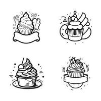 Hand gezeichnet Jahrgang Süßigkeiten und Kuchen Logo im eben Linie Kunst Stil vektor