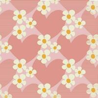 nahtlos Muster mit Herz gestalten mit Blumen von Gänseblümchen Blumen im groovig Stil auf ein Licht Rosa Hintergrund vektor