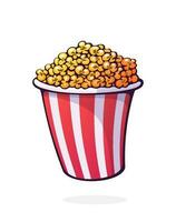 Eimer voll von Popcorn. rot und Weiß gestreift Papier Tasse mit Müll Snack. Symbol von das Film Industrie und schnell Lebensmittel. Karikatur Vektor Illustration mit Umriss. Clip Kunst isoliert auf Weiß Hintergrund