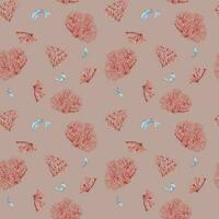 sömlös mönster av hav växter, korall vattenfärg isolerat på rosa bakgrund. rosa agar agar tång och fisk hand ritade. design element för paket, textil, papper, omslag, marin samling vektor