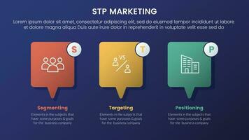 stp Marketing Strategie Modell- zum Segmentierung Kunde Infografik 3 Stufen mit aufbieten, ausrufen, zurufen Box Konzept und dunkel Stil Gradient Thema Konzept zum rutschen Präsentation vektor