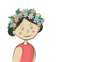 Porträt von ein Karikatur süß Mädchen im ein Kranz von Blumen, isolieren auf Weiss, eben Vektor