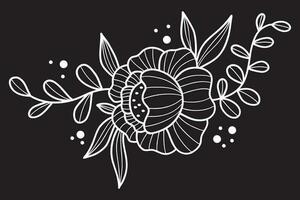 blomma och löv översikt. vit krita linje blomma arrangemang på svart bakgrund. vektor illustration. linjär genombrutna blommig hand dragen för design och dekor.