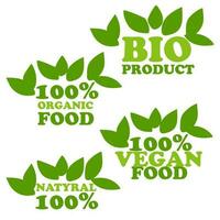 organisk naturlig bio etiketter ikon uppsättning, friska mat ikoner, 100 organisk mat, färsk organisk vegetarian mat. vektor illustration. utskrift på förpackning för varor i butiker. en tecken av naturlighet. löv