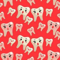 ein Muster von heiter überrascht gesund Zähne, Mutter, Papa und Baby. das Thema ist das Wachstum von Zähne. komisch Vektor Illustration. rot Hintergrund zum das Zahn. Drucken auf Textilien und Papier. Karikatur