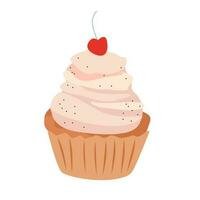 Cupcake mit Kirsche. Vektor eben Illustration. Muffin mit ausgepeitscht Creme. Karikatur Stil. zum Geburtstag Karten, Einladungen. zum Geburtstag Karten, Einladungen.