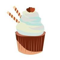 Cupcake mit Kekse Röhren und Herzen. Vektor eben Illustration. Muffin mit ausgepeitscht Creme. Karikatur Stil. zum Geburtstag Karten, Einladungen.
