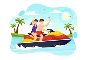 Menschen Reiten Jet Ski Vektor Illustration Sommer- Ferien Erholung, extrem Wasser Sport und Resort Strand Aktivität im Hand gezeichnet eben Karikatur Vorlage