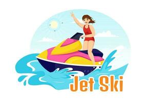 Menschen Reiten Jet Ski Vektor Illustration Sommer- Ferien Erholung, extrem Wasser Sport und Resort Strand Aktivität im Hand gezeichnet eben Karikatur Vorlage