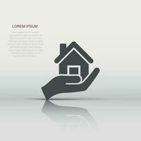 Hem vård ikon i platt stil. hand håll hus vektor illustration på vit isolerat bakgrund. byggnad kvalitet företag begrepp.