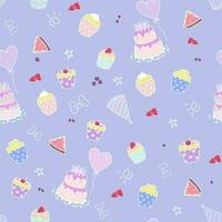 nahtlos Muster süß Karikatur Geburtstag Party Hintergrund Vektor Illustration mit Kuchen, Ballon, Krone, Girlande.