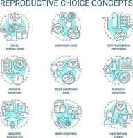 reproduktiv Wahl Türkis Konzept Symbole Satz. weiblich Ermächtigung. Sexual- Gesundheit. Sozial Gerechtigkeit. Geburt Kontrolle. Frauen richtig Idee dünn Linie Farbe Illustrationen. isoliert Symbole. editierbar Schlaganfall vektor