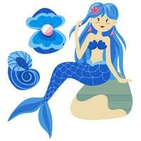 vektor illustration av en söt blå sjöjungfru prinsessa med färgrik hår och Övrig under vattnet element. snäckskal, en skal med pärlor, stenar Allt i henne Färg barns illustration i de marin tema
