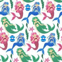 sömlös barns mönster med söt färgad mermaids och hav element. rosa, grön, blå är de huvud Färg. snäckskal, sjöstjärna, tång. tecknad serie bakgrund. idealisk för tyg, textilier, förpackning vektor