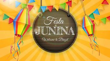 festa junina bakgrund med festflaggor och lyktor. Brasilien juni festival bakgrund för gratulationskort vektor