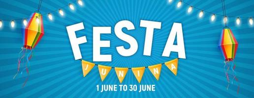 Festa Junina Hintergrund mit Party Flaggen und Laternen. Brasilien Juni Festival Hintergrund für Grußkarte vektor