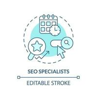 SEO Spezialisten Türkis Konzept Symbol. Webseite Rangfolge. Suche Motor. Inhalt Strategie. Digital Marketing abstrakt Idee dünn Linie Illustration. isoliert Gliederung Zeichnung. editierbar Schlaganfall vektor