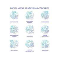 social media reklam blå lutning begrepp ikoner uppsättning. smm teknologi för företag aning tunn linje Färg illustrationer. isolerat symboler vektor