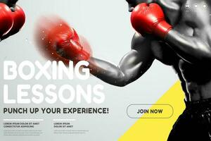Boxen Lektionen Webseite Design mit stark Boxer werfen Haken im 3d Illustration, grau und Gelb Ton vektor
