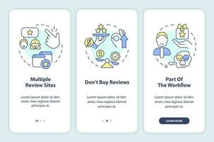 uppkopplad företag recensioner onboarding mobil app skärm. flera olika webbplatser genomgång 3 steg redigerbar grafisk instruktioner med linjär begrepp. ui, ux, gui mall vektor