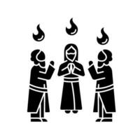 Apostel mit heilig Zungen von Feuer schwarz Glyphe Symbol. Pfingsten Feier. Männer Stand im Kreis und beten. Christentum. Silhouette Symbol auf Weiß Raum. solide Piktogramm. Vektor isoliert Illustration