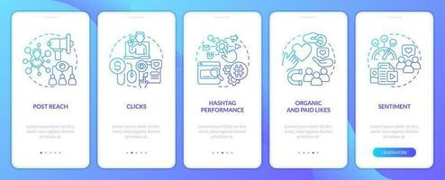 Sozial Medien Werbung Metriken Blau Gradient Onboarding Handy, Mobiltelefon App Bildschirm. Komplettlösung 5 Schritte Grafik Anleitung mit linear Konzepte. ui, ux, gui Vorlage vektor