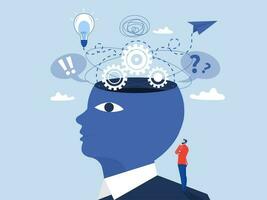Mann suchen Über seine groß Kopf Denken und suchen Idee Prozess Neu Idee, Brainstorming, Lösung, Problem gelöst, Start-up, Innovation, Kreativität Licht Birne Konzept Vektor