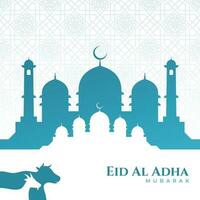 eid al Adha hälsning design med moské och silhuett av en ko och en get vektor