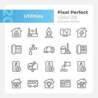 offentlig verktyg pixel perfekt linjär ikoner uppsättning. vatten, gas och elektricitet tillförsel. hus uppvärmning systemet. anpassningsbar tunn linje symboler. isolerat vektor översikt illustrationer. redigerbar stroke