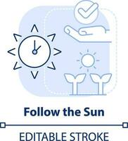 Folgen Sonne Licht Blau Konzept Symbol. Sonnenlicht zum Pflanzen. Gartenarbeit Empfehlung abstrakt Idee dünn Linie Illustration. isoliert Gliederung Zeichnung. editierbar Schlaganfall vektor