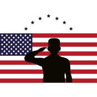 officer militär silhuett i USA flagga och stjärnor vektor