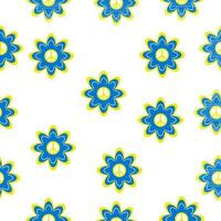 sömlös mönster med blå-gul blomma och fred tecken vektor