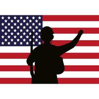Soldat mit Gewehr Silhouette Figur und USA Flagge vektor