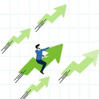 positiv wachsend Geschäft oder Ambition zu Sieg Investoren Konzept, Lager Markt Preis explodiert im Stier Markt, zuversichtlich Geschäftsmann Reiten Grün Diagramm mit schnell Geschwindigkeit gehen hoch. vektor