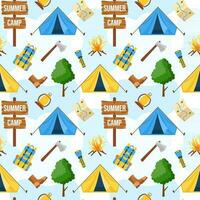 sommar läger sömlös mönster design av camping och reser element i mall hand dragen tecknad serie platt illustration vektor