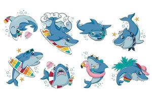 bunt av tecknad serie rolig hajar. sommar strand tecken för mode design, reklam vektor