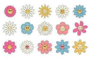 häftig tecknad serie blommor uppsättning. söt retro hippie daisy tecken. linjär Färg vektor illustration.