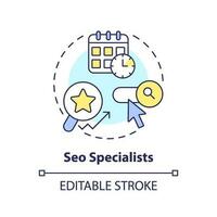 SEO Spezialisten Konzept Symbol. Webseite Rangfolge. Suche Motor Optimierung. Inhalt Strategie. Digital Marketing abstrakt Idee dünn Linie Illustration. isoliert Gliederung Zeichnung. editierbar Schlaganfall vektor