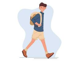 jung Gehen heiter Mann. Schüler im kurze Hose mit ein Rucksack, eben Stil Vektor isoliert Illustration.