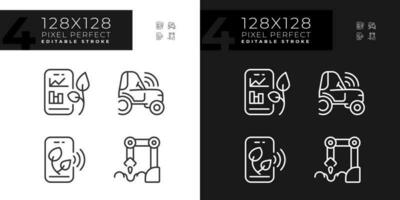 landwirtschaftlich Technologien linear Symbole einstellen zum dunkel, Licht Modus. modern Landwirtschaft. Bauernhof Ausrüstung. agritech Start-up. dünn Linie Symbole zum Nacht, Tag Thema. isoliert Illustrationen. editierbar Schlaganfall vektor