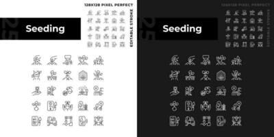 Aussaat linear Symbole einstellen zum dunkel, Licht Modus. landwirtschaftlich Industrie. Gartenarbeit Geschäft. wachsend Pflanzen. Feld Aussaat. dünn Linie Symbole zum Nacht, Tag Thema. isoliert Illustrationen. editierbar Schlaganfall vektor