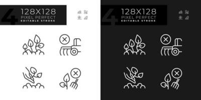 ökologisch Landwirtschaft linear Symbole einstellen zum dunkel, Licht Modus. ökologisch freundlich. organisch Landwirtschaft. wachsend Lebensmittel. dünn Linie Symbole zum Nacht, Tag Thema. isoliert Illustrationen. editierbar Schlaganfall vektor