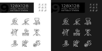 Landwirtschaft linear Symbole einstellen zum dunkel, Licht Modus. Boden Anbau. wachsend Getreide. ländlich Entwicklung. Pflanzen Jahreszeit. dünn Linie Symbole zum Nacht, Tag Thema. isoliert Illustrationen. editierbar Schlaganfall vektor