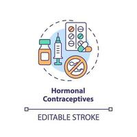 hormonell preventivmedel begrepp ikon. preventivmedel piller. preventivmedel skydd. födelse kontrollera metod. kvinnor hälsa abstrakt aning tunn linje illustration. isolerat översikt teckning. redigerbar stroke vektor