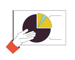 Analyse Präsentation Hand eben Linie Konzept Vektor Stelle Illustration. Kuchen Diagramm Analytik 2d Karikatur Gliederung Hand auf Weiß zum Netz ui Design. Überwachung Geschäft editierbar isoliert bunt Held Bild