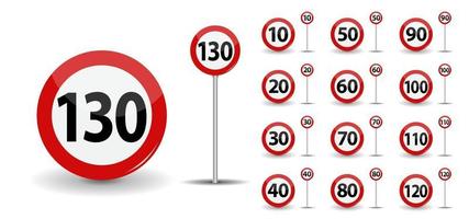 rund röd väg, tecken hastighetsgräns 10 till 130 kilometer i timmen vektor