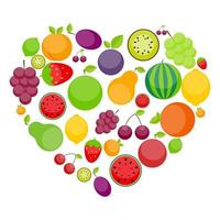 äpple, apelsin, plommon, körsbär, citron, lime, vattenmelon, jordgubbar, kiwi, persikor, druvor och päron i form av hjärta vektor