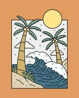 das Zwilling von Welle und Kokosnuss Baum auf das Strand im das Sommer- Vektor t Hemd Aufkleber Illustration