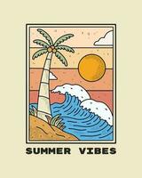 Sommer- Stimmung Thema. das Wellen und das Kokosnuss auf das Strand Vektor t Hemd Illustration